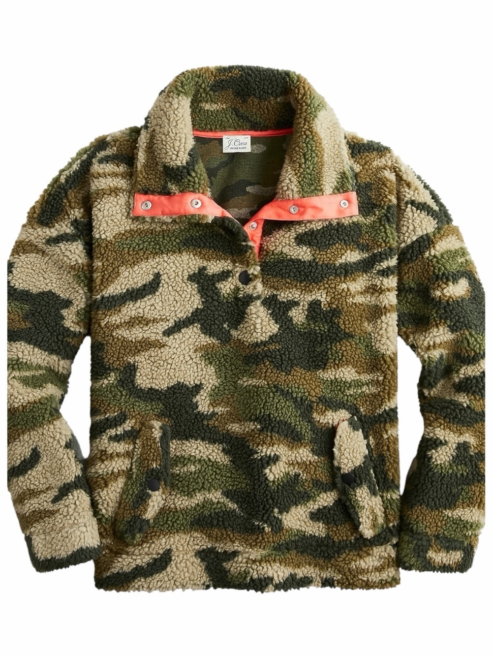 NWT! J. Crew Camo Snap-Collar Sherpa Fleece Pullover Sweater. Size Medium.